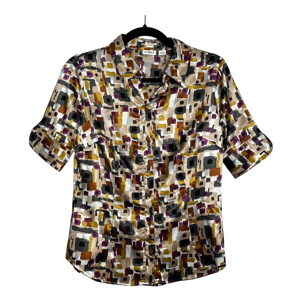 Cato Womens Small Short Sleeve Button Down Blouse Geometric‎ Abstract Satin Gold